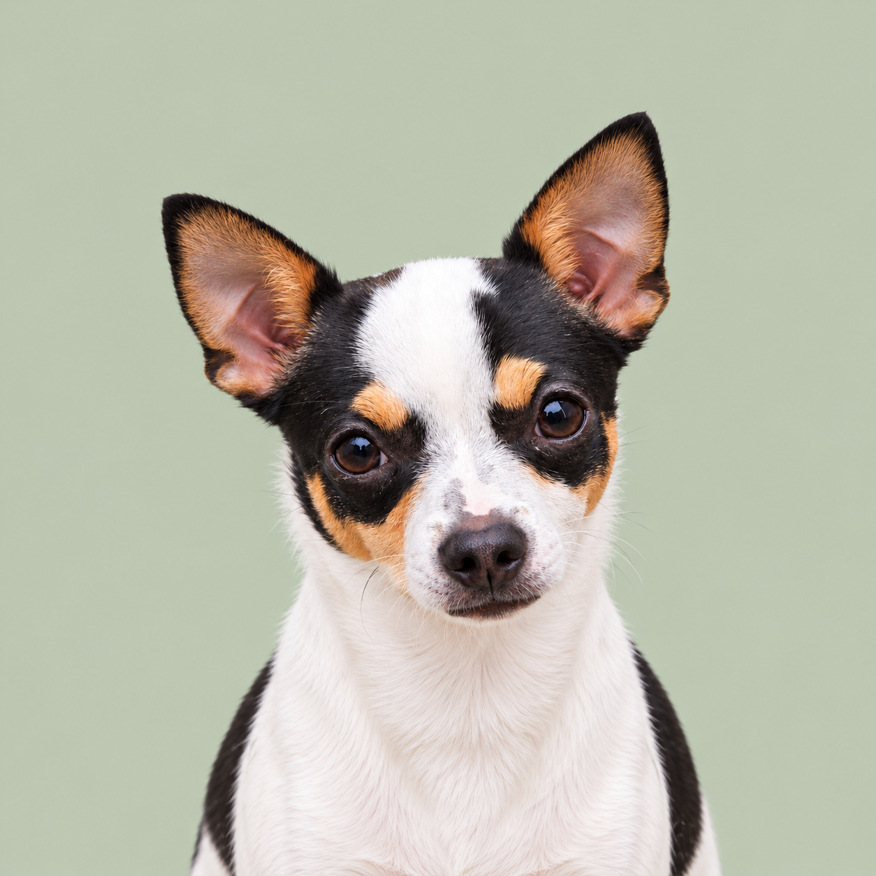 Bender, a white, black and tan dog with large ears and an inquisitive head tilt. AI portrait based on his real photographs.